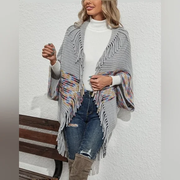 Gray Fringe-Accent Open Cardigan Fits Range Jrs (S) to Wom (6) NWT - Picture 6 of 6